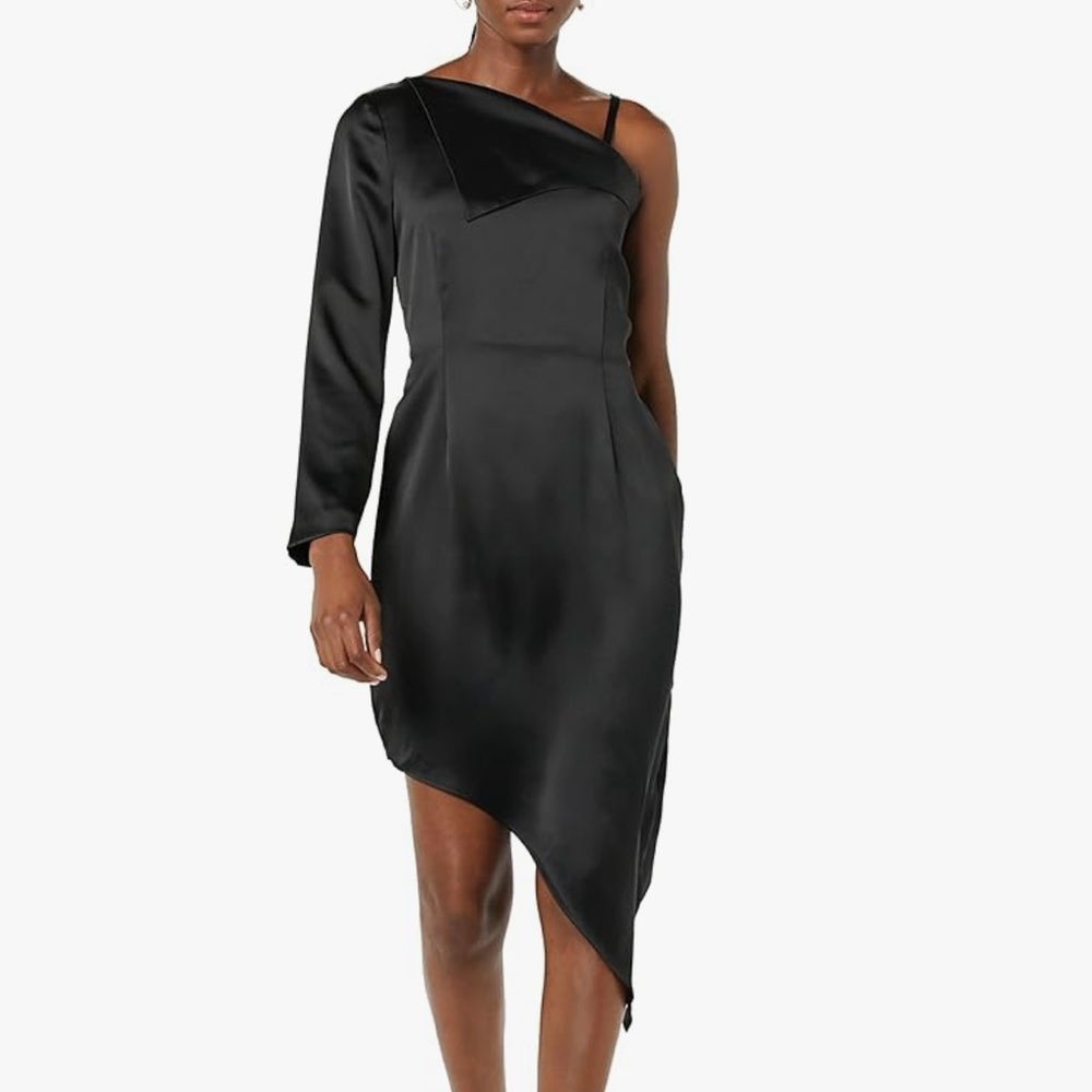 Black Satin One Sleeve Asymmetrical Dress